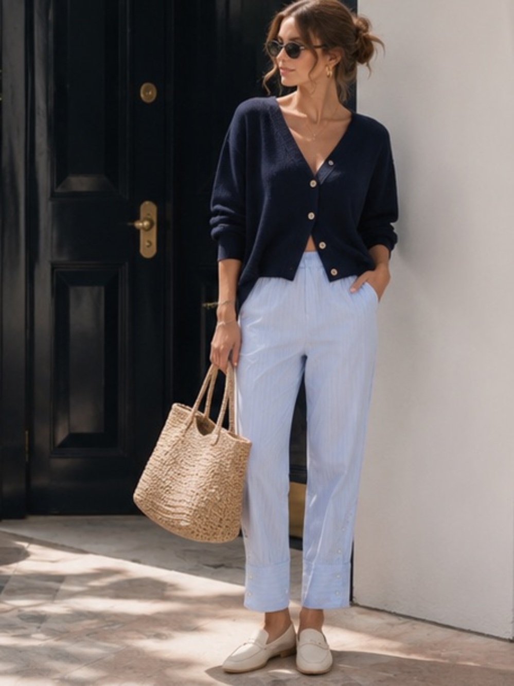ZARA Light Blue Striped Pajama Pants ✨ Coastal Luxe Lounge Trousers Button Cuff